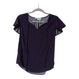 Draper James XS Blue Floral Dot Flutter Sleeve Peasant Boho Top Keyhole Tie Neck